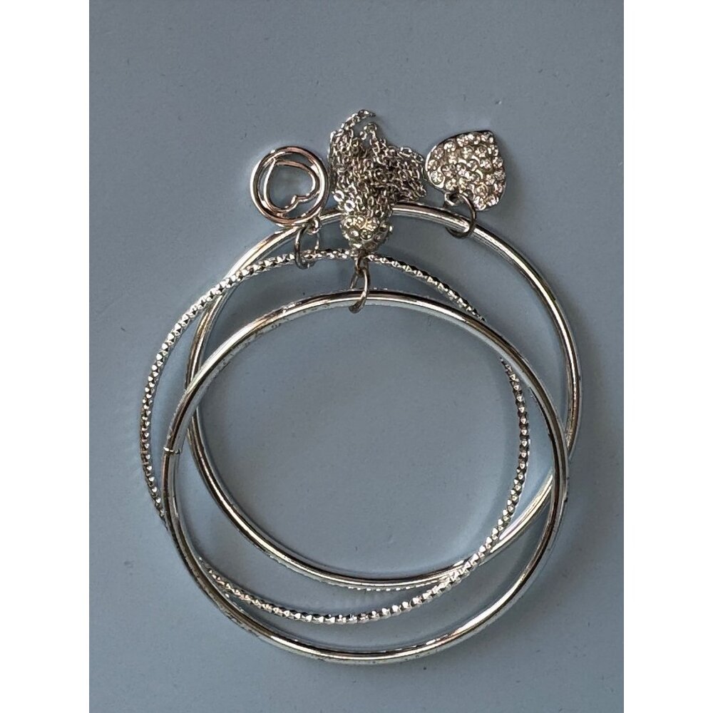 Liz Claiborne Silver-Tone Bangle Bracelet Set With Rhinestone Heart Charm - Picture 1 of 5